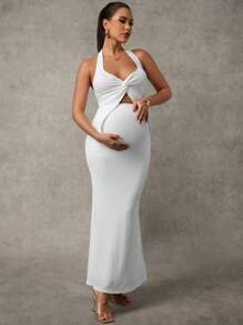 MaterniChic 2 件套孕妇纯色扭纹前部无袖上衣和可调节腰部长裙 - 白色 - 查看 5