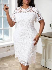 SHEIN Lady Đầm ren bó sát thanh lịch cho kỳ nghỉ hè cỡ lớn dành cho nữ - trắng - Xem 8