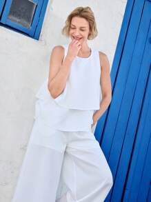 EMERY ROSE Summer Outfits For Women 2pcs Set Sleeveless Solid Color Tank Top And Pants, Simple Fashionable Casual For Daily Wear