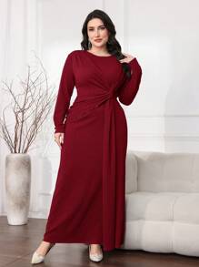 Modelyn Plus Size Elegant Solid Color Twist Knot Long Dress - Burgundy - View 3