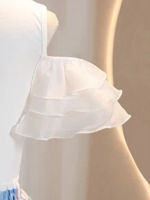 Girls Ruffle Collar Mesh Top + Jacquard Waist Skirt Set, Gorgeous Party Outfit, Elegant For Flower Girl, Bridesmaid, Wedding