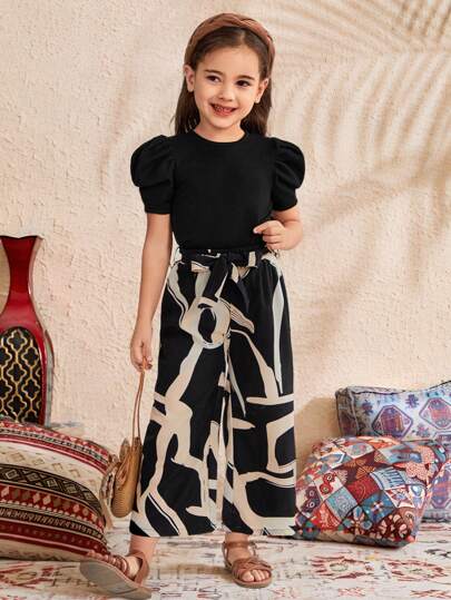 SHEIN 2 件套年轻女孩针织纯色圆领泡泡袖上衣和宽松休闲裤套装