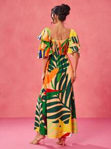 BELANGE HANDMADE Designer Boho Bohemian Multicolor Print Shirred Bodice Tiered Ruffle Sleeves Slit Maxi Sun Dress, Summer Vacation, Festival, Tropical, Beach, For Women, Concert, Elegant, Concert Outfit, Ibiza Fits, Prom Dress Wedding Rave Outfit