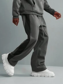 SUMWON Luxury Two-Tone Color Block Hoodie Co-Ord Set Oversized Streetwear Tracksuit Premium Fleece Winter Athletic Loungewear Training Sport Set - Dark Grey - View 5