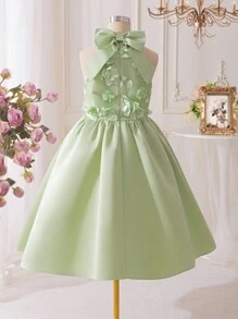 SHEIN Váy midi đính hoa cổ bẻ không tay thanh lịch cho bé gái tuổi teen - Màu xanh Bạc hà - Xem 3