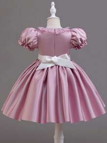 SHEIN Toddler Plain Color Patchwork Round Neck Short Sleeve Pleated Elegant Party Dress - Pink - View 2