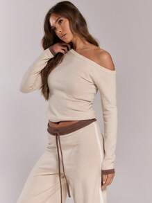 MUSERA Asymmetrical Shoulder Knit Contrast Wrist Top Y2k Spring Casual Cute 90's Sun - Beige - View 3