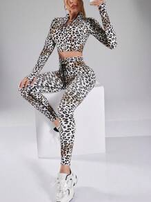 Gameset SHEIN Sport Completo sportivo da donna composto da Maglietta a maniche lunghe e leggings con stampa leopardata - Multicolore - Visualizzare 2