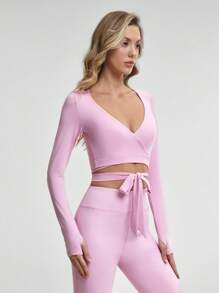 SHEIN Sports 女士纯色抽绳短款运动 T 恤，简约 - 粉色 - 查看 7