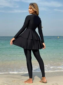 SHEIN Swim Mulvari Women's New 2 Pieces Set: Long Sleeve Mock Neck Top With Ruffled Trim & Solid Color Pants, Modest Burkini Set, For Summer Beach Vacation Arabic Clothing - Black - View 2