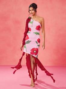 BELANGE HANDMADE Designer Pink And Red Floral Print Asymmetrical Neck Ruffles 3D Flowers Asymmetrical Hem Ruched Mini Dress, Festival, Concert Outfit, Rave, Pastel, Prom Dress