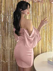 DAZY 女士链条吊带丝绒紧身连衣裙派对女士吊带裙返校节礼服舞会礼服性感连衣裙嘉年华 - 淺粉色 - 查看 5