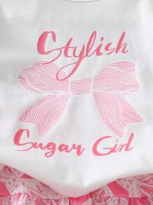 Roupa casual de verão para bebês meninas, camiseta branca com estampa fofa + saia evasê, uso diário essencial - Rosa Quente - Ver 3