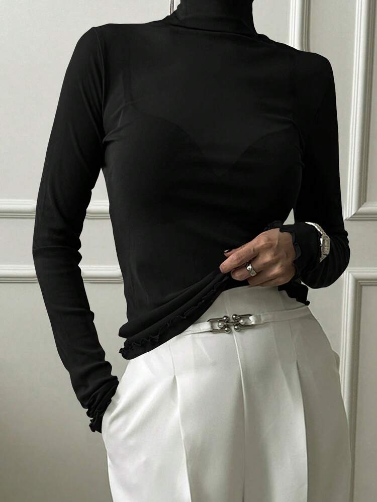 Women's Solid Color Frill Trim Mock Neck Fitted Slimming T-Shirt, Coffee Brown, 4 Season Wear Sheer,Fall Clothes Long Sleeve Women Tops Turtleneck Women