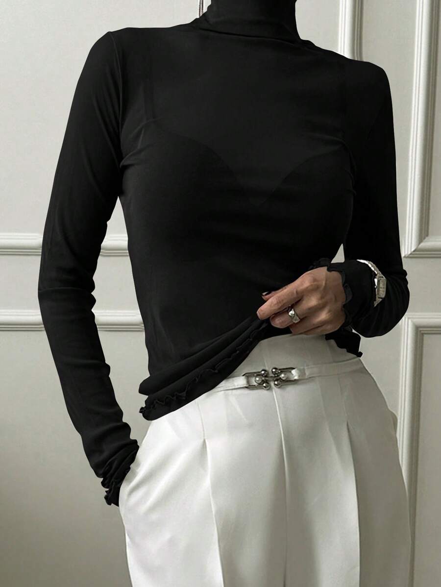 DAZY Áo thun ôm sát cổ bẻ phối ren màu trơn cho nữ, màu nâu cà phê, mặc được 4 mùa, quần áo thu tay dài cổ lọ cho nữ - màu đen - Xem 1