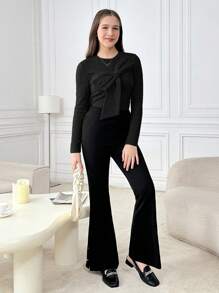 SHEIN Girlism Camiseta de manga larga de cuello redondo con diseño de lazo de punto texturizado de unicolor, Top informal para capas, gris, adecuada para Navidad y Acción de Gracias, para adolescentes