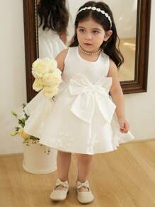 Baby Girls' Plus Size A-Line Dress With Solid Color, High-End Bow And 3D Floral Decor