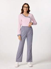 TaskEZ Conjunto de blusa y pantalón de un solo color, estilo minimalista con mangas largas para mujer. Conjunto de uniforme de enfermería con parte superior e inferior, transpirable y con bolsillos. Conjunto de uniforme de enfermería con parte superior con cuello en V y pantalón de pierna recta. Conjunto de uniforme de enfermería con parte superior elástica y pantalón cargo con cordón.