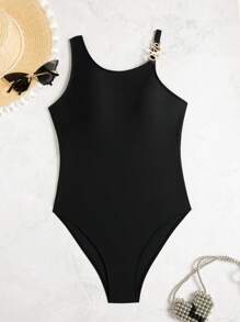 SHEIN Swim Women's Black Sexy Bodycon Elegant Athletic One-Piece Swimsuit Beachwear For Summer Beach Vacation