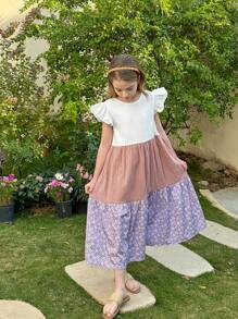 LMoss Kids Vestido ajustado para niñas preadolescentes con cuello redondo, volantes en el bajo y estampado de flores pequeñas en colores contrastantes - Multicolor - Ver 1