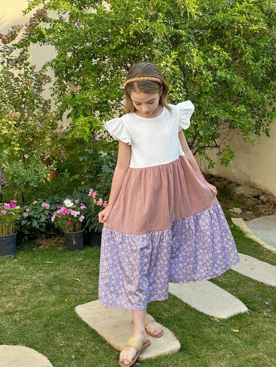 LMoss Kids Vestido ajustado para niñas preadolescentes con cuello redondo, volantes en el bajo y estampado de flores pequeñas en colores contrastantes - Multicolor - Ver 1