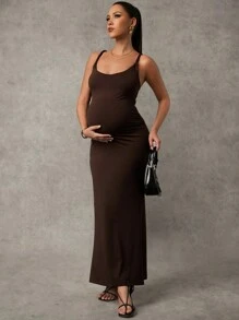 MaterniChic Elegant Solid Color Off-Shoulder Fitted Mermaid Maternity Dress - Brown - View 1