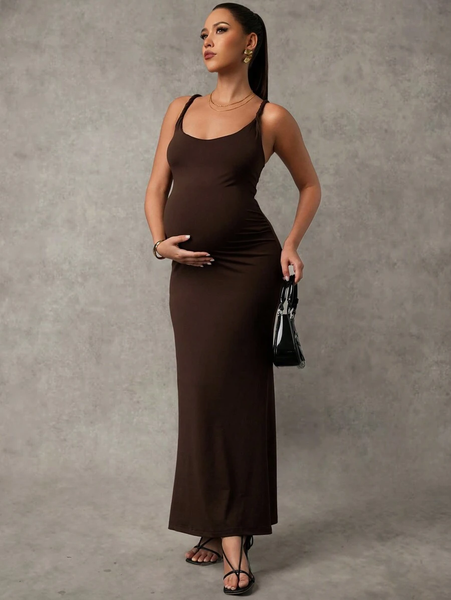 MaterniChic Elegant Solid Color Off-Shoulder Fitted Mermaid Maternity Dress - Brown - View 1