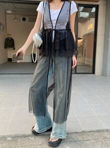 DAZY Women Casual Mesh Overlay Tie-Up Mini Dress Sundress - Black - View 2