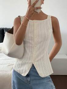 Siren Gaze Women's Elegant Casual Minimalana Solid Color Embroidered Front Button Sleeveless Blouse, Summer Spring Outfits,Button Up Shirt Women,Women's Sleeveless Streaks Textured Single-Breasted Casual Shirt,Streaks Texture And Micro-Stretch Fabric,Women Slim Fit Tank Top Shirt ,Elegant And Fashionable For Commuting, Simple Fashion Casual Everyday Cami Top, Spring/Summer, Sleeveless Top,Old Money Blouses,Western Wear Women - Apricot - View 5