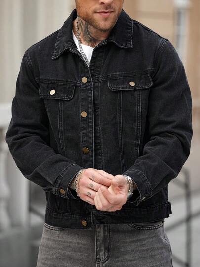 Manfinity Homme Men's Black Washed Vintage Denim Jacket Hang Out Street Going Out Work