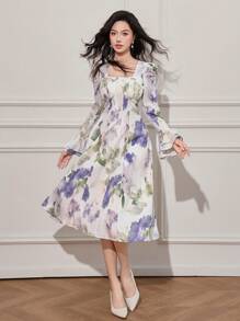 DAZY 女式花卉印花方领喇叭袖口中长连衣裙，荷叶边，秋季连衣裙长袖连衣裙