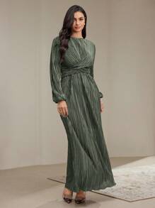 Veilorie Women's Elegant Solid Color Twist Tie Waist Pleated Dress, Spring Autumn Modest - Green - View 5