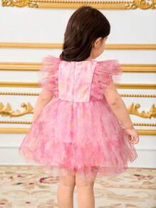SHEIN Baby Girl Elegant Floral Pattern Mesh Ruffle Cap Sleeve Dress - Pink - View 2