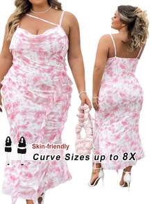 SHEIN CURVE+ CURVE PLUS /Ngày Valentine/Đầm nữ cỡ lớn mùa hè màu hồng lãng mạn xếp nếp thanh lịch, đầm dự tiệc, đầm dạ hội, đầm đi học, đầm sinh nhật, đầm hẹn hò ngày Valentine - Hồng - Xem 9