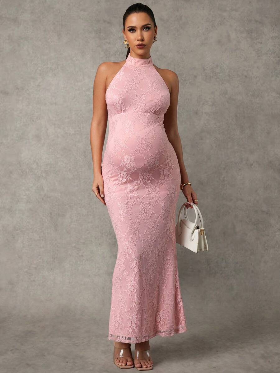 MaterniChic Maternity Lace V-Neck Dress With Bow Accent, Pink Color