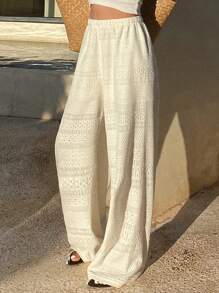 DAZY Pantalon décontracté à jambe droite et taille élastique de couleur unie pour femme - Beige - Voir 2