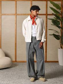 SUMWON Rustic Textured Harrington Jacket With Zip Front Classic Collar Japanese Style Weekend Casual Outerwear Spring Autumn Lightweight Street Style - Beige - View 2