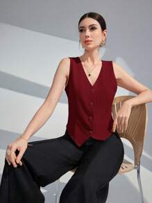 Modelyn Women's Solid Color Single-Breasted V-Neck Sleeveless Blazer In Fall/Winter - Burgundy - View 3