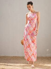 GENKIRA Đầm dài kẻ caro ombre satin bóng phong cách lãng mạn Ý dây mảnh bó eo cho nữ - Nhiều màu - Xem 3