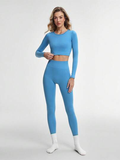 Lifespree Women's Solid Color Crew Neck Long Sleeve Simple Top And Pants Sports Suit