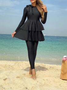 SHEIN Swim Mulvari Women's New 2 Pieces Set: Long Sleeve Mock Neck Top With Ruffled Trim & Solid Color Pants, Modest Burkini Set, For Summer Beach Vacation Arabic Clothing - Black - View 3