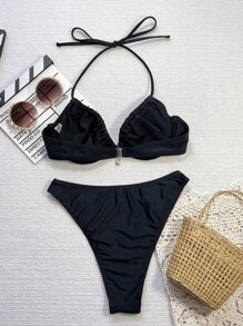 Swim SXY Women's 2pcs Set Black Steel Supported Ruched Sexy Bikini Swimwear, For Summer Beach Vacation - Black - View 4