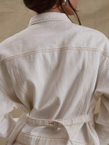 MUSERA Contrast Stitch Long Sleeve Denim Jacket Only Street Style Y2k 90's Country Rave Concert Festival Vacation Streetwear Back To School Casual Everyday Work Office Casual Fall Winter  Chic - White - View 5