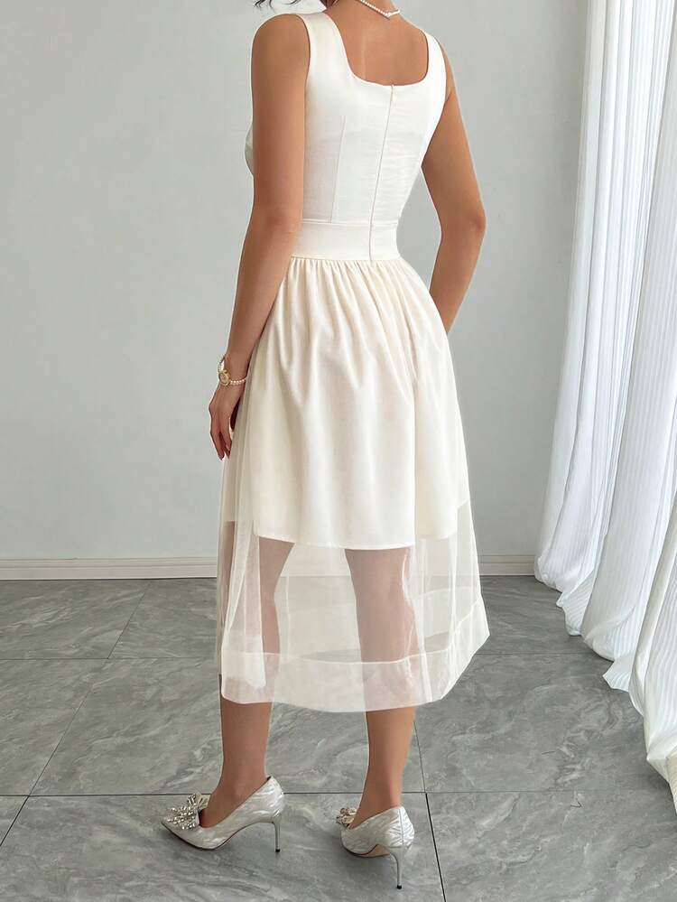 Women's Satin Prom Party Dress With Waist Cinching, Sheer Mesh Panel Hem And Spaghetti Straps, A-Line Silhouette Prom Dress Sundress,Casual Women Dresses