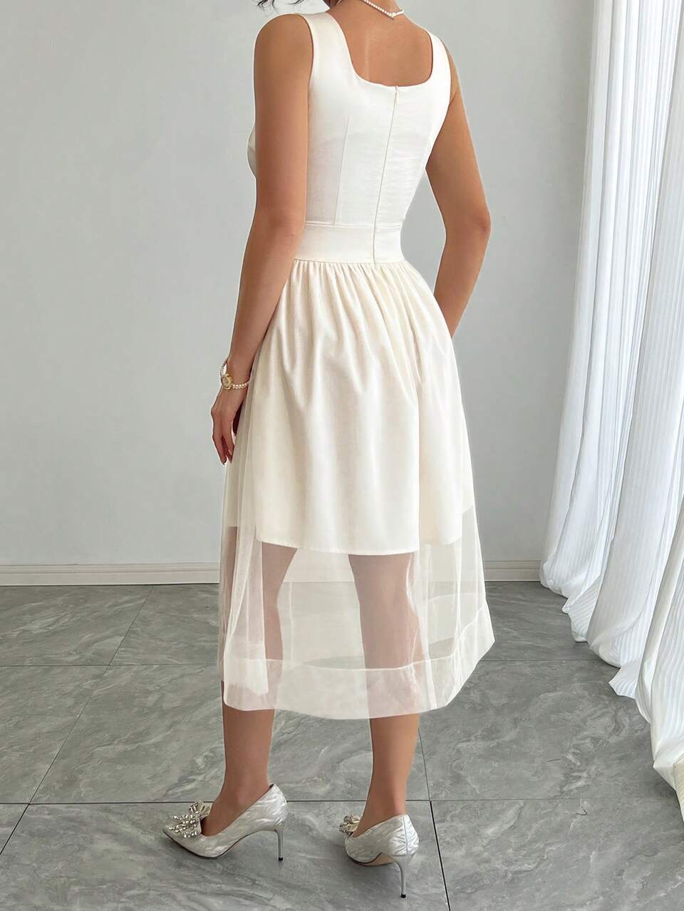 Women's Cream White Satin Elegant Summer Party Dress,Waist Cinching A-Line Silhouette,Sheer Mesh Panel Hem,Spaghetti Straps Prom Sundress Casual Dress