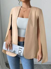 SHEIN Privé Women Front Open Casual Poncho Coat, Solid Color - Apricot - View 5