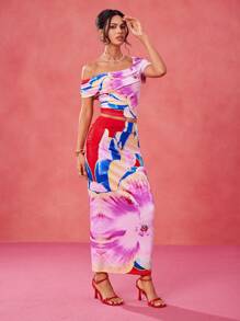 EBIB Designer Floral Printed Asymmetric Ruched Shoulder Top And Skirt Two-Piece Elegant Romantic Rave Set, Festival Resort Outfits Party Outfit Resort Dresses For Women Resort Wear For Women Party Outfit Party Dresses For Women Cocktail Dresses Resort Wear 2025 Women Set Vacation Outfits Women Resort Wear - Multicolor - View 4