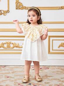 SHEIN Vestido De Babado Com Estampa Floral Dourada Fofa Para Bebê Menina No Verão