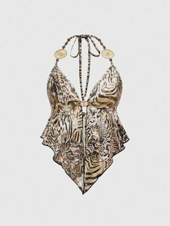 Top corto con dobladillo de triángulo invertido estampado de leopardo y lámina de oro, estilo Y2K hippie