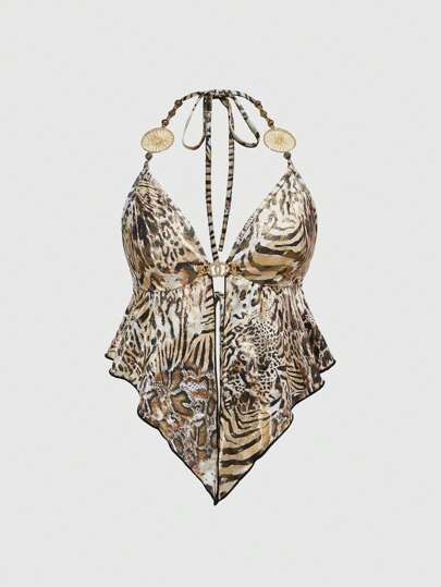 Y2K Hippie Leopard Print Gold Foil Inverted Triangle Hem Crop Top